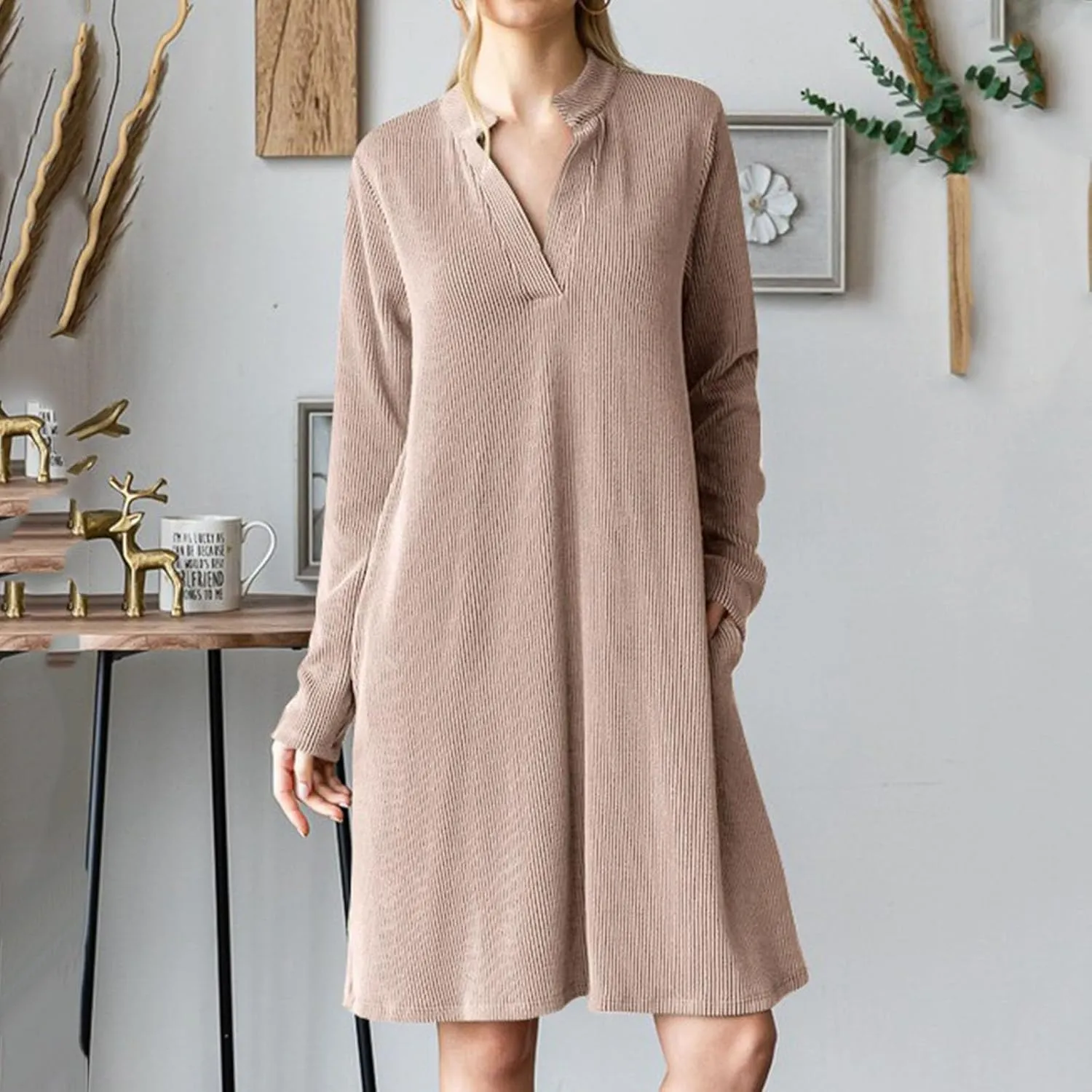 Long Sleeve Dress for Women V Neck Casual Loose Textured Mini Dresses 2025 Fashion Summer Sundress Shirt Dresses