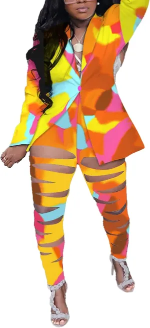 Lucuna Women's Sexy 2 Piece Club Outfits Open Front Blazer   Bodycon Pants Long Stockings Set