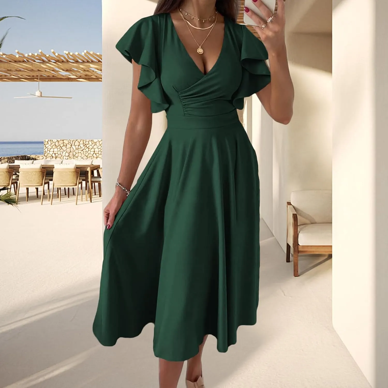 Maxi Dress for Women Sexy Ruffle Short Sleeve V Neck Dresses Casual Solid Color Pleated Tummy Control Beach Sundress