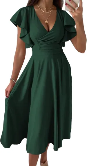 Maxi Dress for Women Sexy Ruffle Short Sleeve V Neck Dresses Casual Solid Color Pleated Tummy Control Beach Sundress