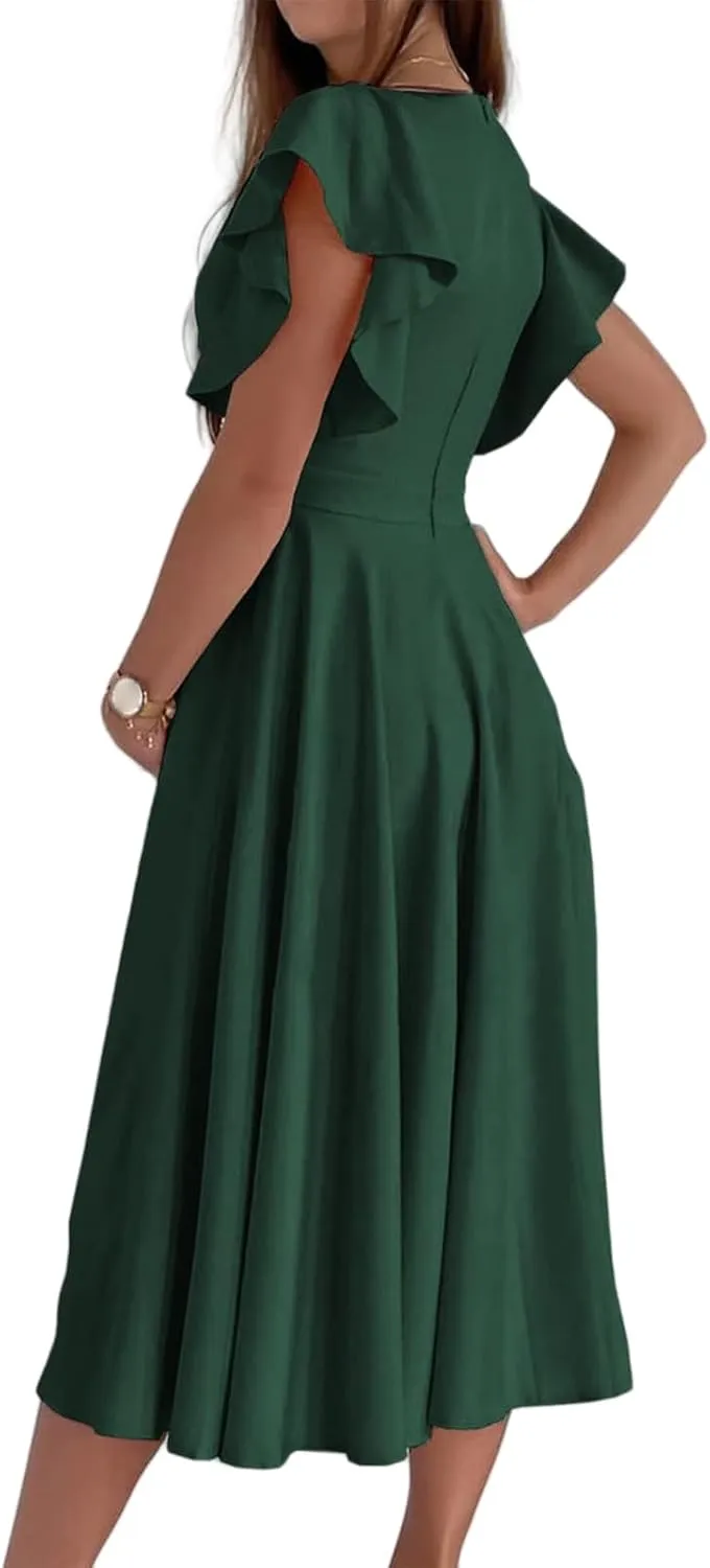 Maxi Dress for Women Sexy Ruffle Short Sleeve V Neck Dresses Casual Solid Color Pleated Tummy Control Beach Sundress