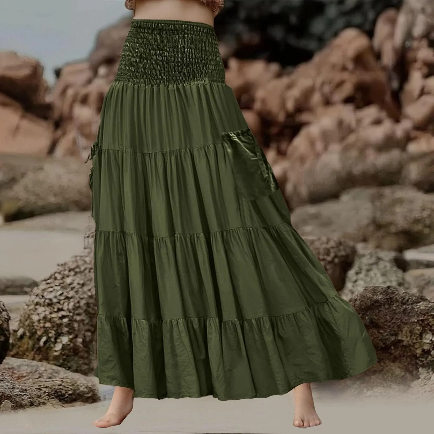 Maxi Skirt for Women Elastic Wrap Waist Beach Flowy Long Skirts with Pockets Casual Boho Ruched A-Line Dress