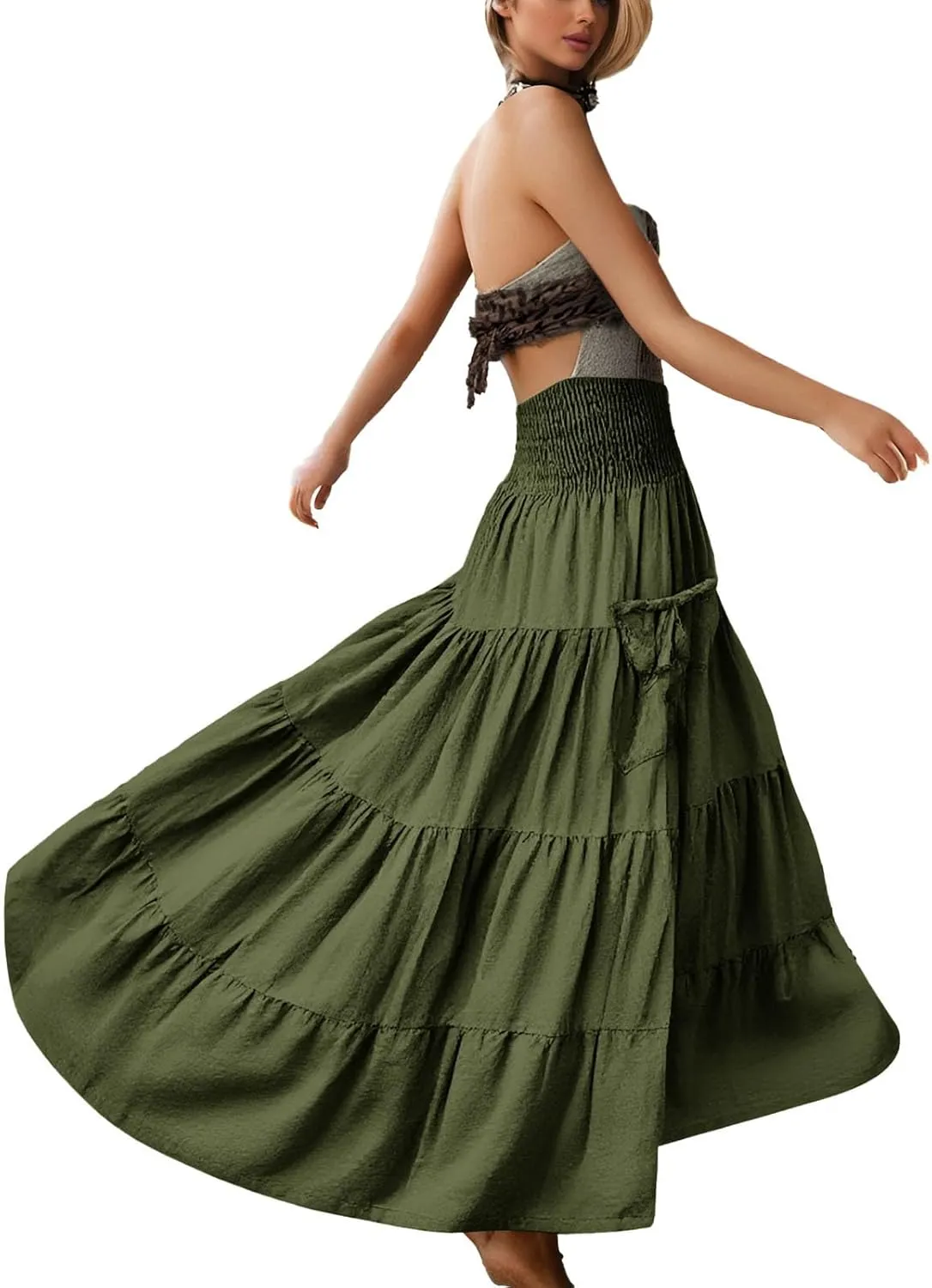 Maxi Skirt for Women Elastic Wrap Waist Beach Flowy Long Skirts with Pockets Casual Boho Ruched A-Line Dress
