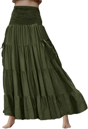 Maxi Skirt for Women Elastic Wrap Waist Beach Flowy Long Skirts with Pockets Casual Boho Ruched A-Line Dress