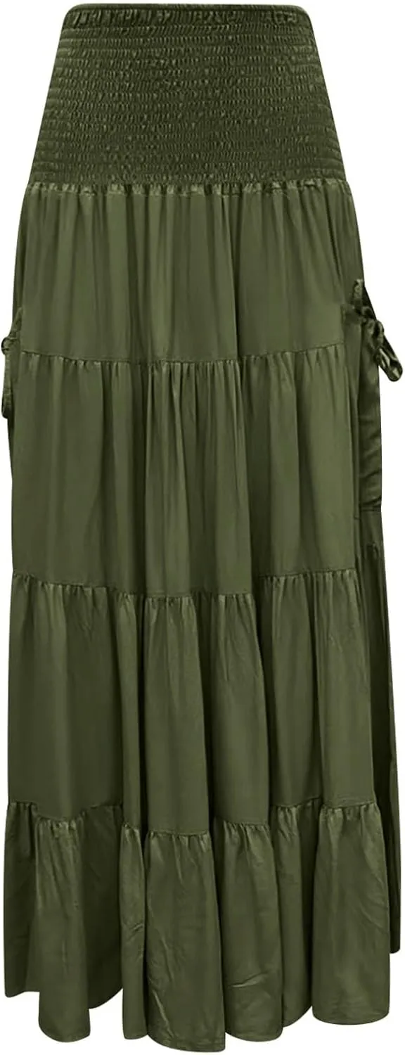 Maxi Skirt for Women Elastic Wrap Waist Beach Flowy Long Skirts with Pockets Casual Boho Ruched A-Line Dress