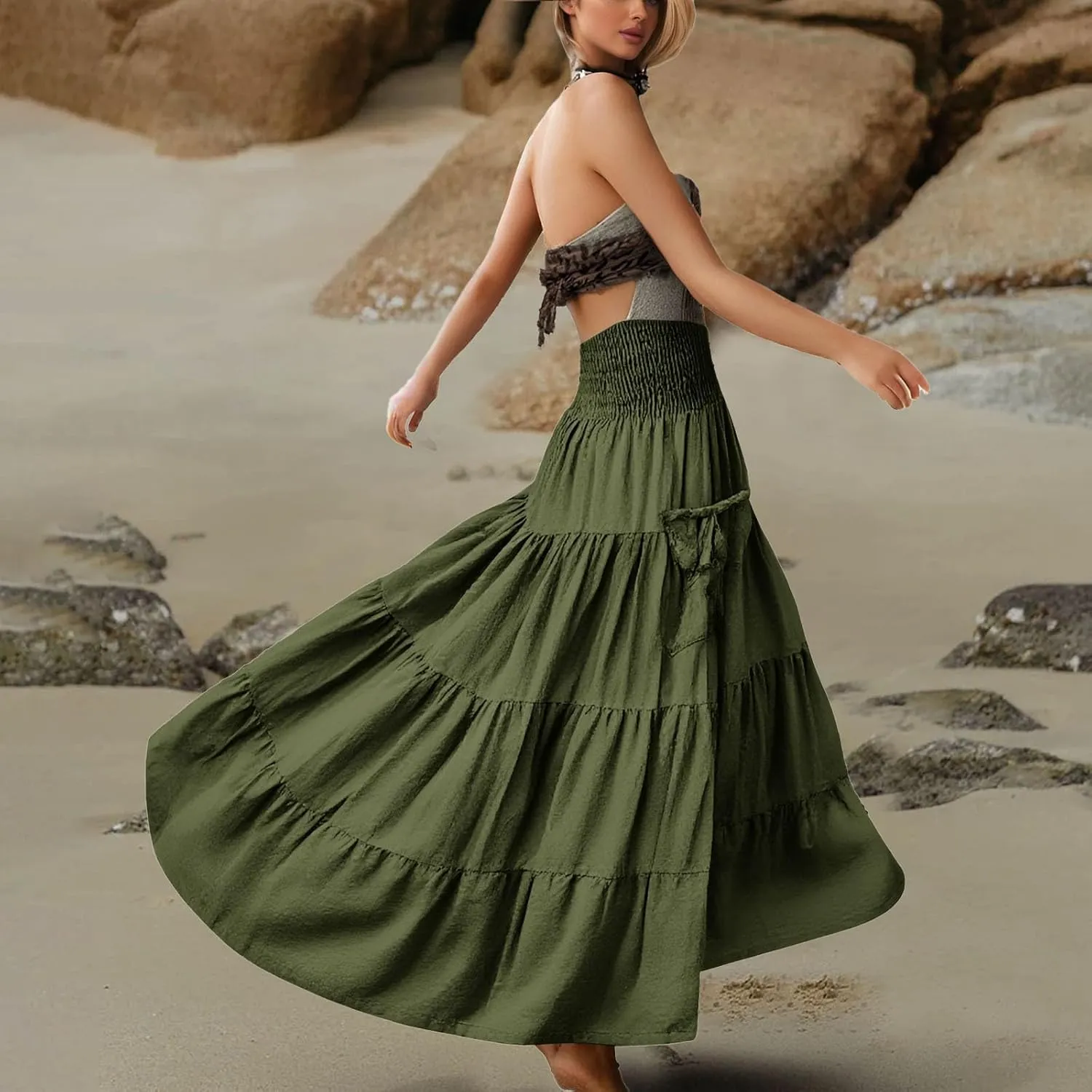 Maxi Skirt for Women Elastic Wrap Waist Beach Flowy Long Skirts with Pockets Casual Boho Ruched A-Line Dress