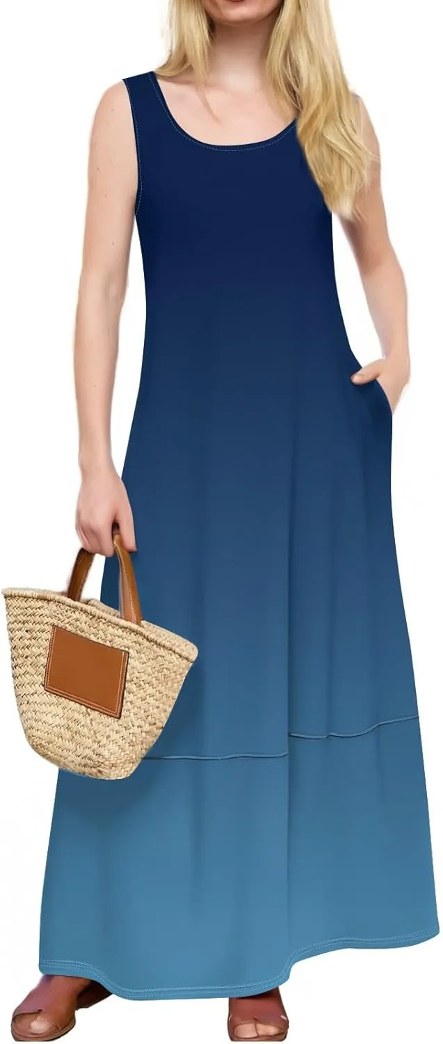 Maxi Sundress for Women 2025 Summer Loose Fit Beach Dress Scoop Neck Sleeveless Tank Dress Casual Vacation Dresses