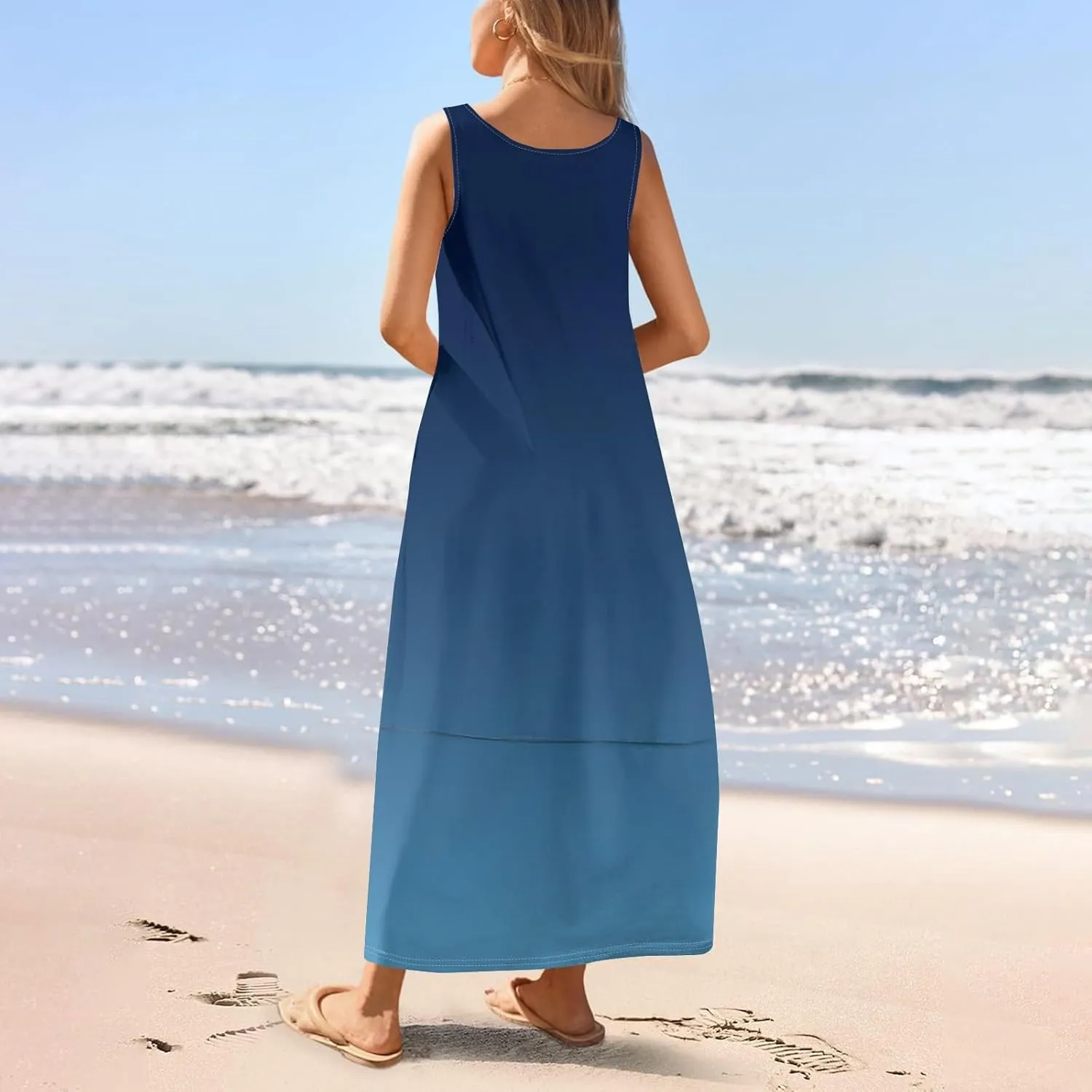 Maxi Sundress for Women 2025 Summer Loose Fit Beach Dress Scoop Neck Sleeveless Tank Dress Casual Vacation Dresses
