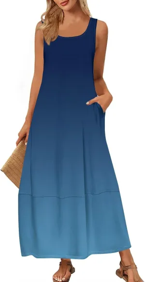 Maxi Sundress for Women 2025 Summer Loose Fit Beach Dress Scoop Neck Sleeveless Tank Dress Casual Vacation Dresses