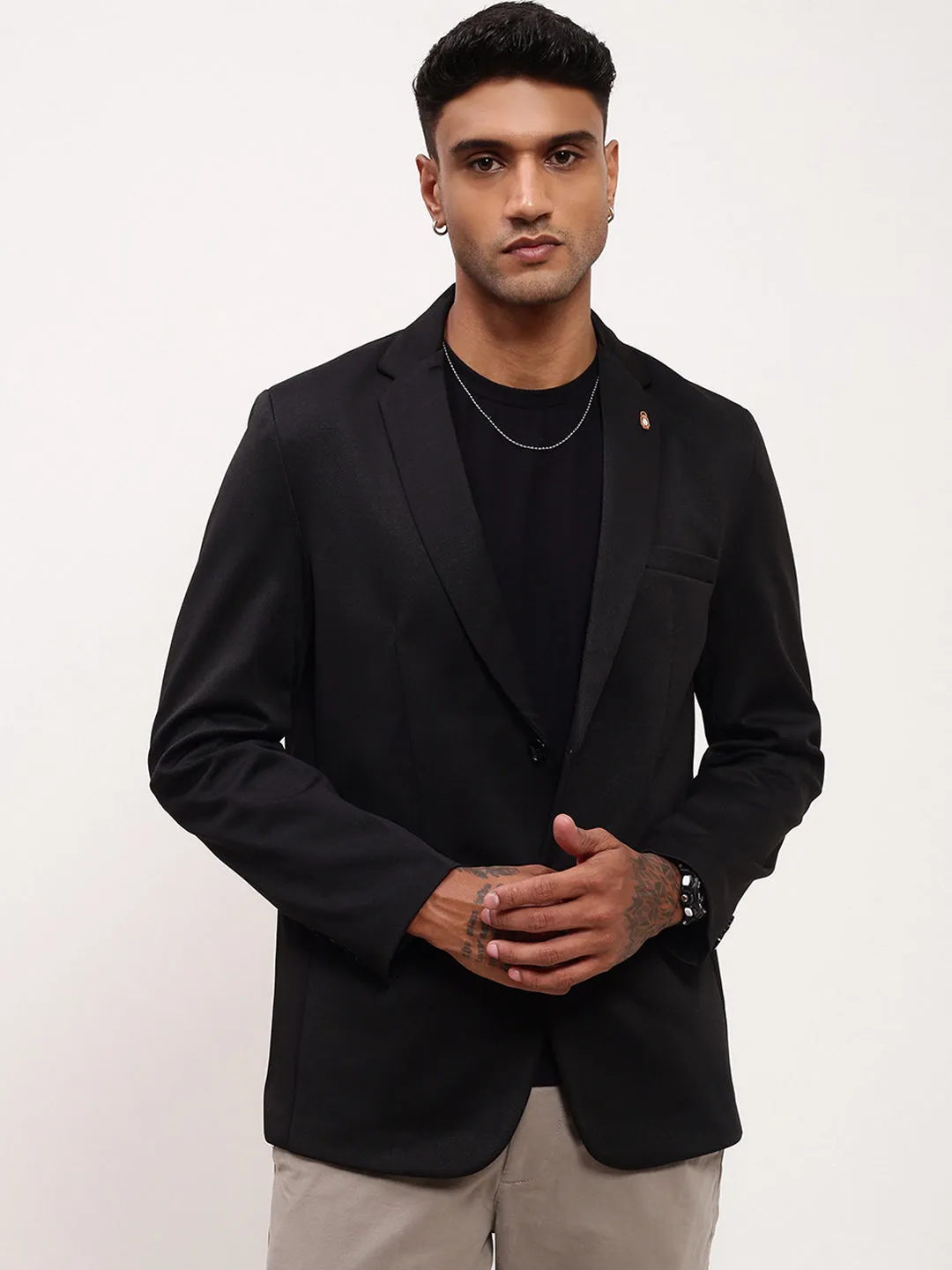 Men Black Solid Single Breasted Blazer