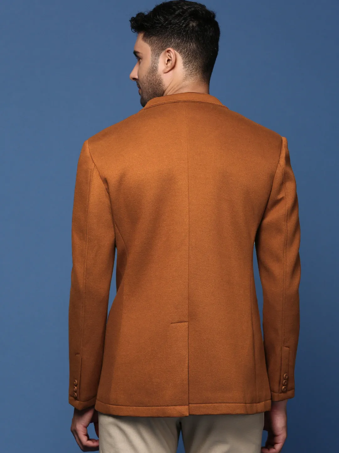 Men Camel Brown Solid Single Breasted Blazer