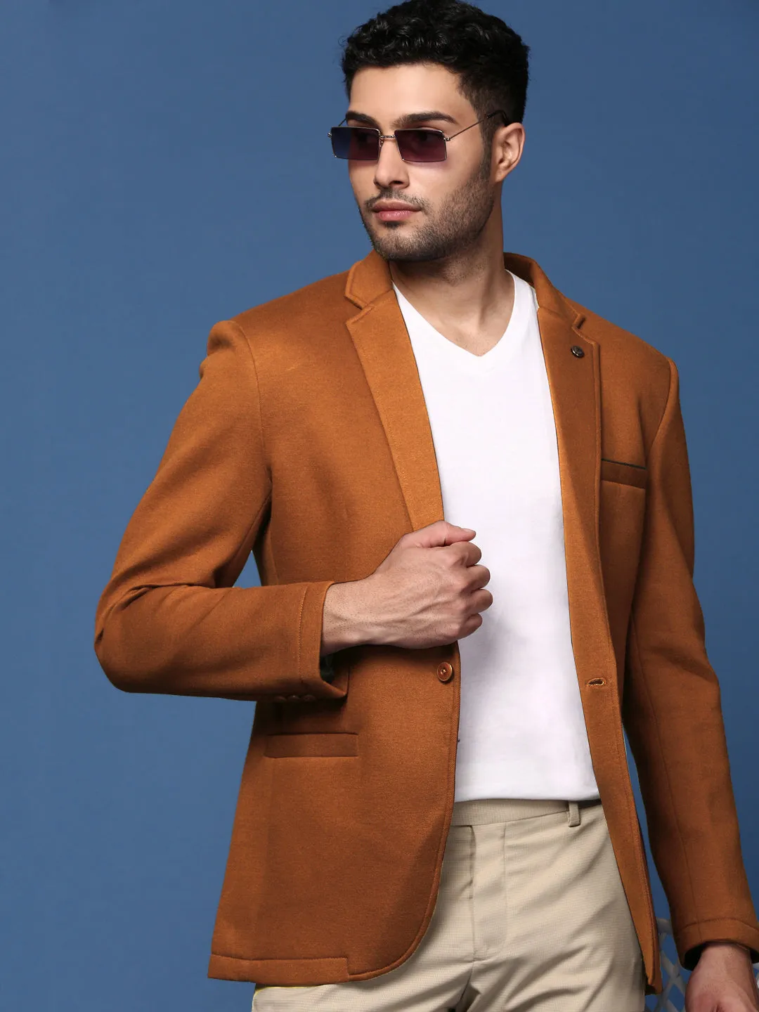 Men Camel Brown Solid Single Breasted Blazer