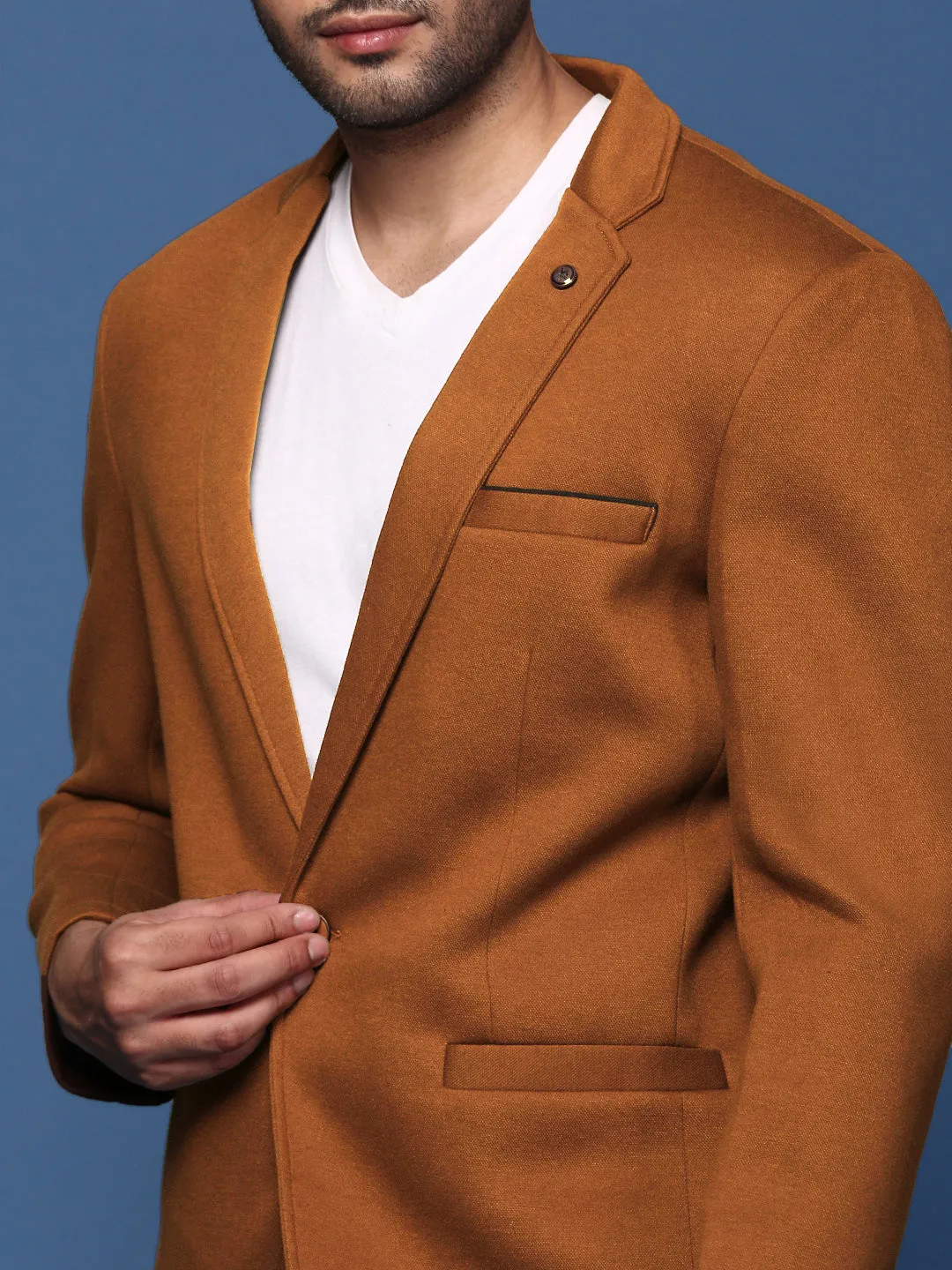 Men Camel Brown Solid Single Breasted Blazer