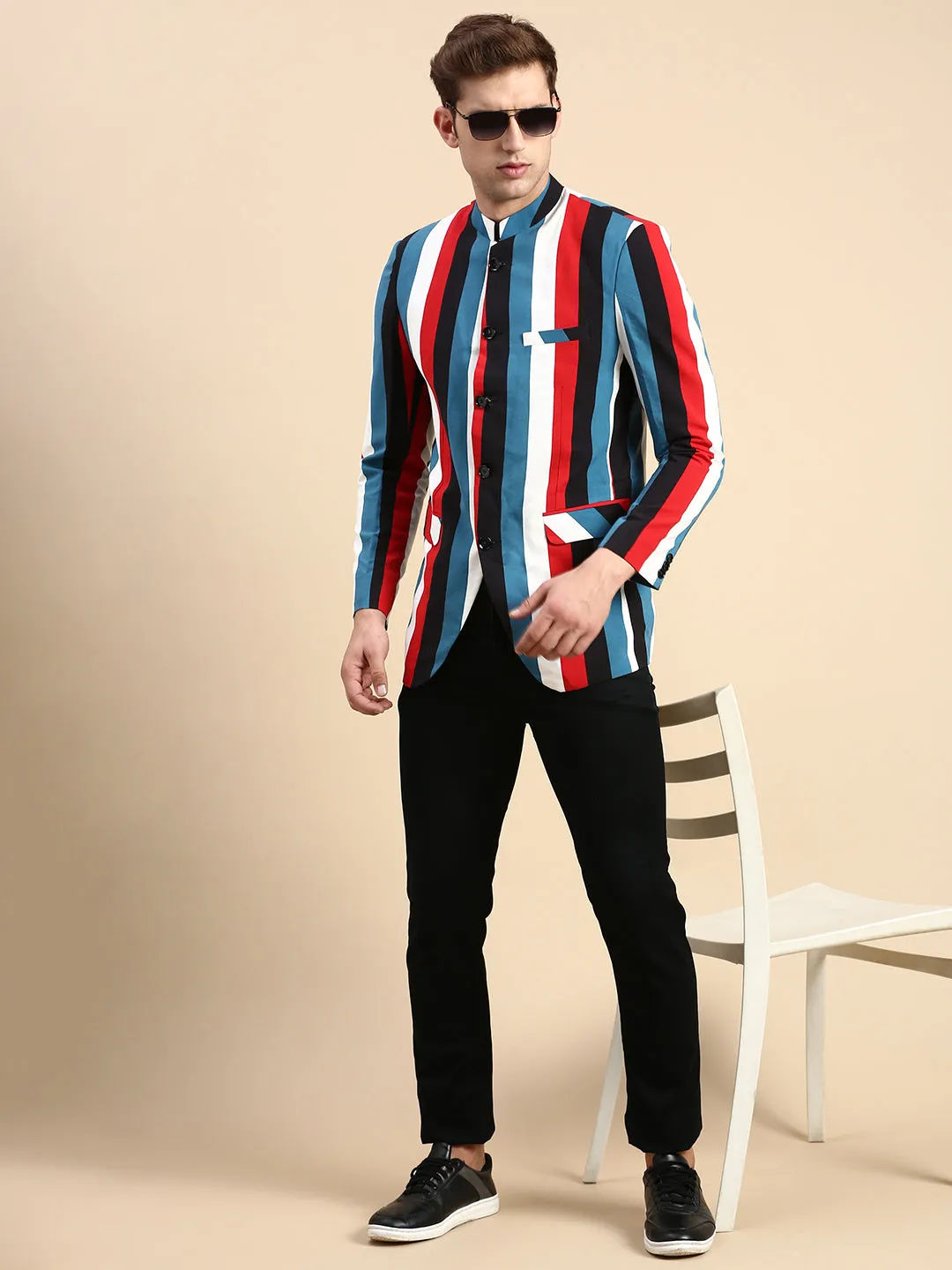 Men Multi Striped Slim Fit Bandhgala Blazer