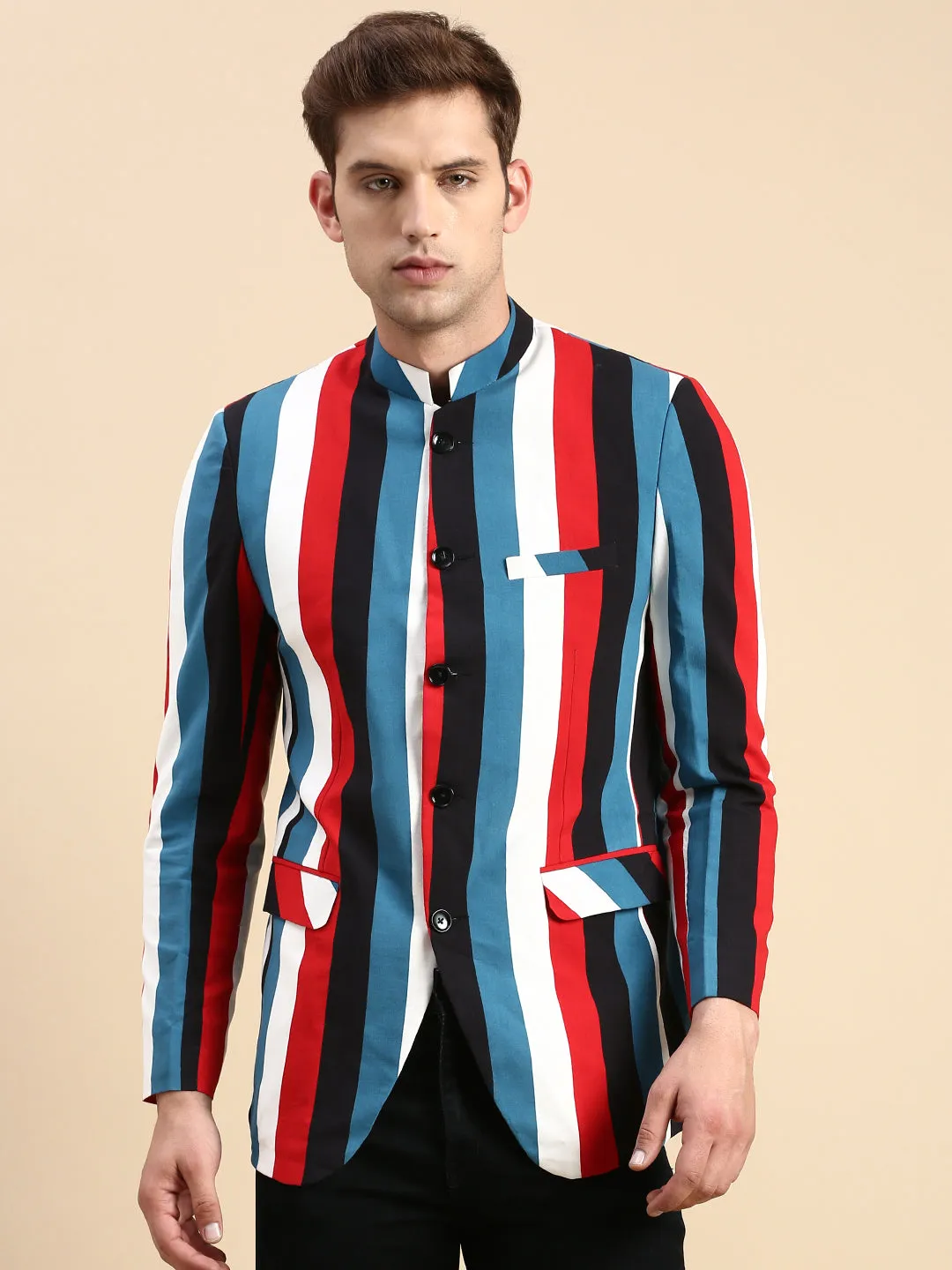 Men Multi Striped Slim Fit Bandhgala Blazer