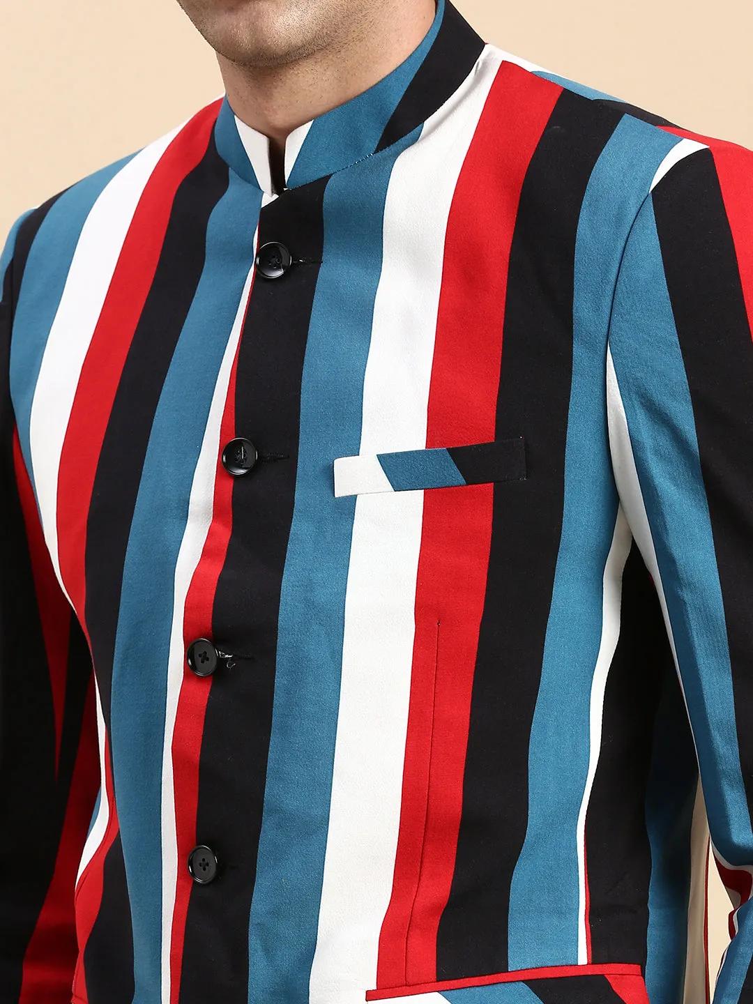 Men Multi Striped Slim Fit Bandhgala Blazer