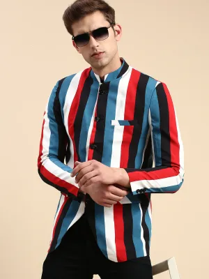 Men Multi Striped Slim Fit Bandhgala Blazer