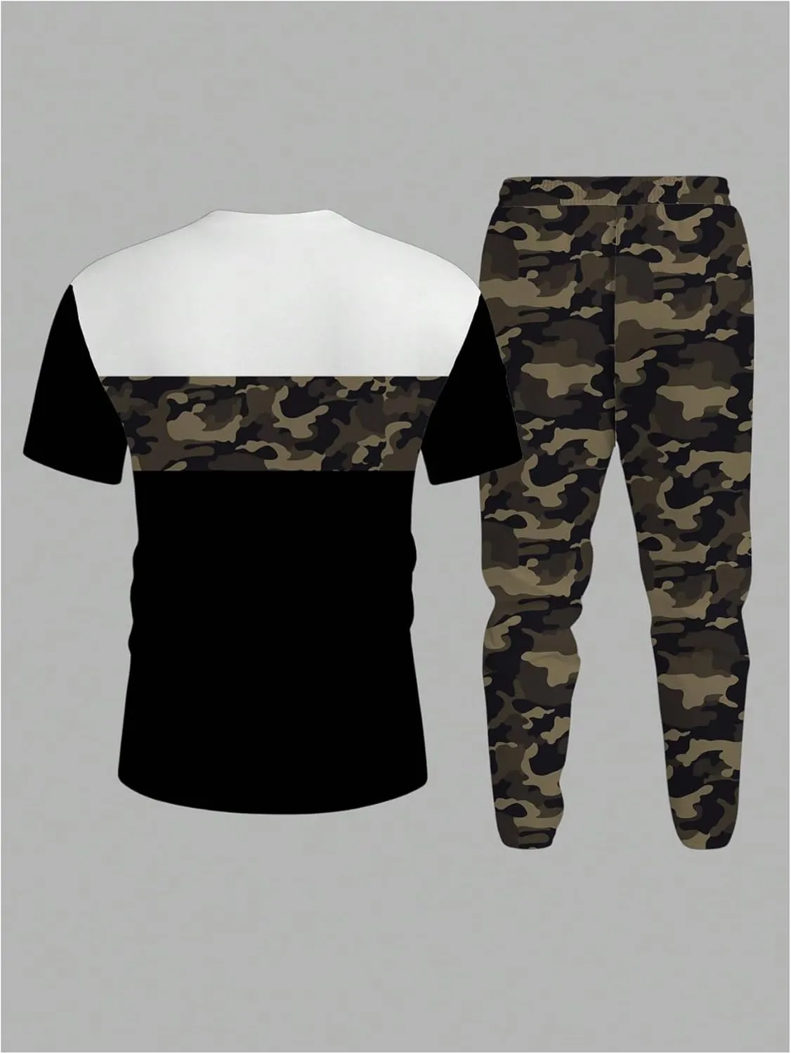 Men's 2 Piece Outfits Camo Color Block Short Sleeve T Shirt and Drawstring Waist Tapered Casual Pants Set