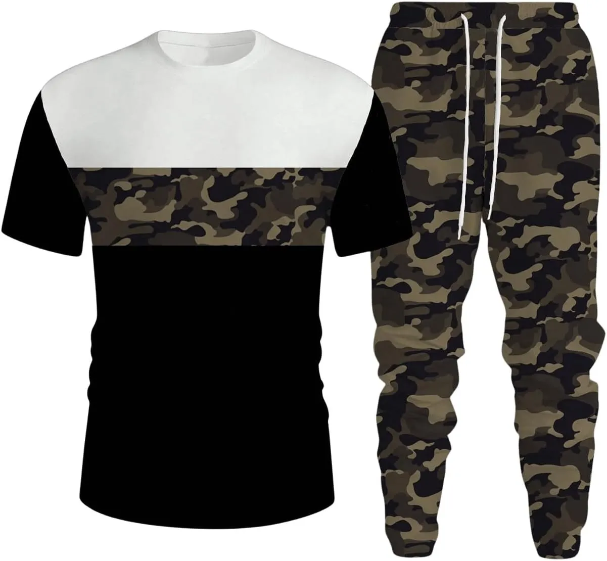 Men's 2 Piece Outfits Camo Color Block Short Sleeve T Shirt and Drawstring Waist Tapered Casual Pants Set