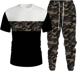 Men's 2 Piece Outfits Camo Color Block Short Sleeve T Shirt and Drawstring Waist Tapered Casual Pants Set