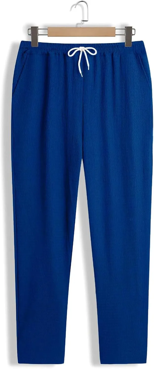 Mens Casual Pants Relaxed Fit Wide Leg Trousers High-Rise Summer Elastic Waist Drawstring Casual Flat Front Pants