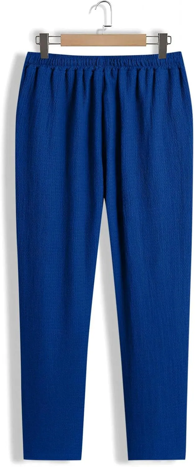 Mens Casual Pants Relaxed Fit Wide Leg Trousers High-Rise Summer Elastic Waist Drawstring Casual Flat Front Pants