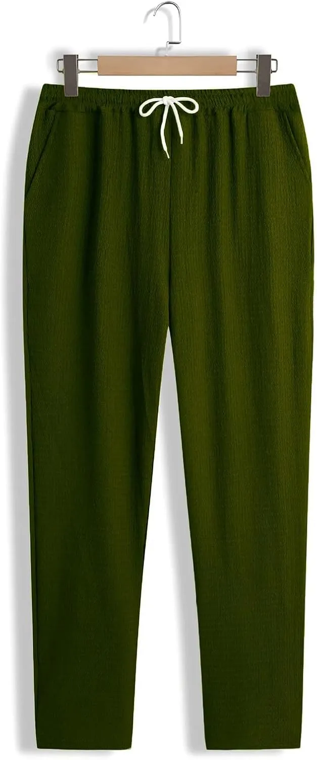 Mens Casual Pants Relaxed Fit Wide Leg Trousers High-Rise Summer Elastic Waist Drawstring Casual Flat Front Pants