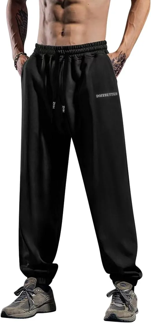 Men's Cotton Sweatpants Loose Fit Baggy Straight Leg Sweat Pants for Men Open Bottom Lounge Yoga Pants with Pockets