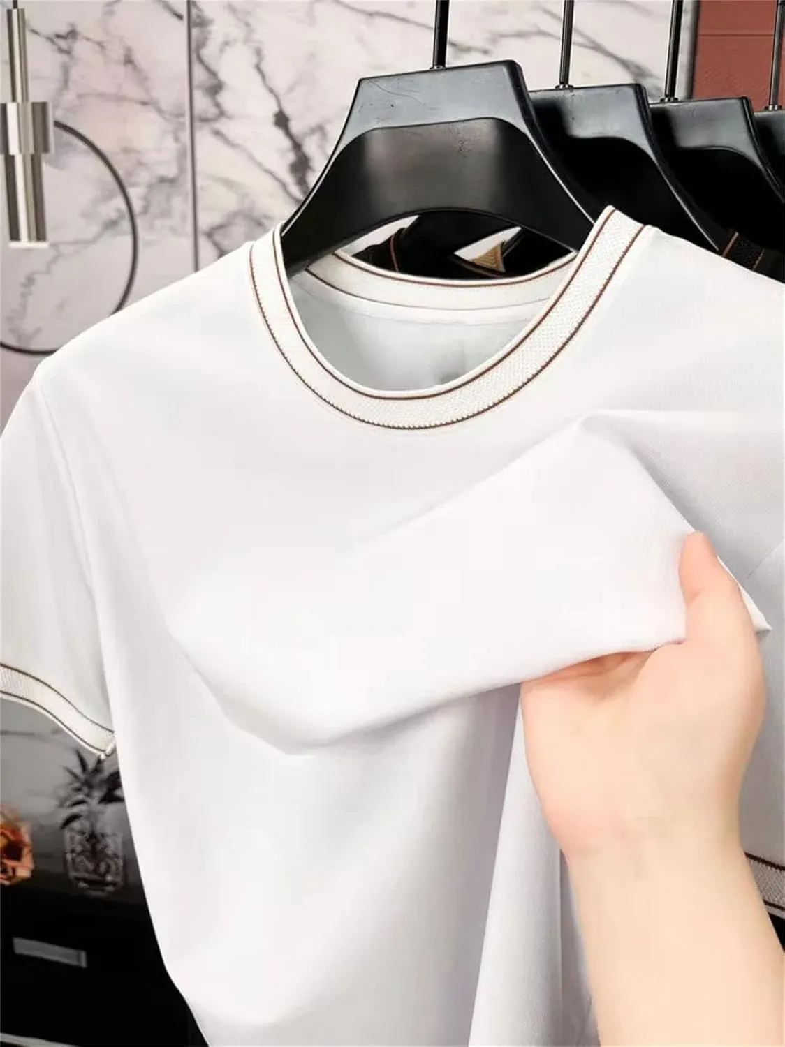 Men's Embossed Cotton T-Shirt, Lightweight Casual Round Neck Streetwear