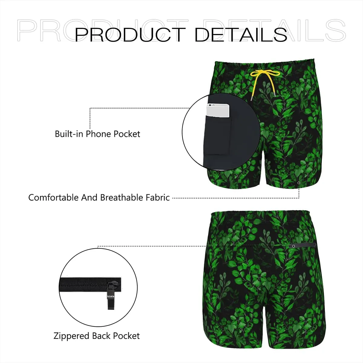 Men's Stretchy surf Trunks Maidenhair Fern Print Swim Trunks Tropical Hawaiian Striped Summer