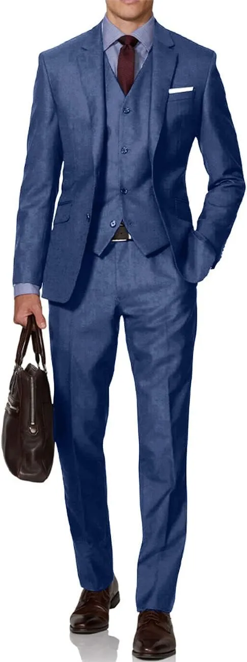 Mens Suit Solid Two Button Slim Fit Suit Set for Wedding Formal Business Suit Men 3 Piece Suit Blazer Vest Pants Set