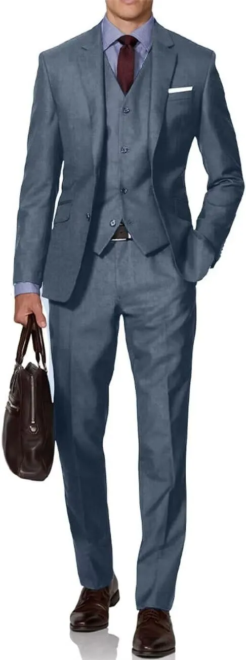 Mens Suit Solid Two Button Slim Fit Suit Set for Wedding Formal Business Suit Men 3 Piece Suit Blazer Vest Pants Set
