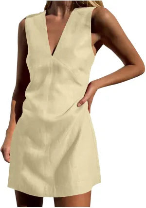 Mini Dresses for Women 2025 Fashion V Neck Sleeveless A Line Tank Dress Sundresses for Beach Vacation
