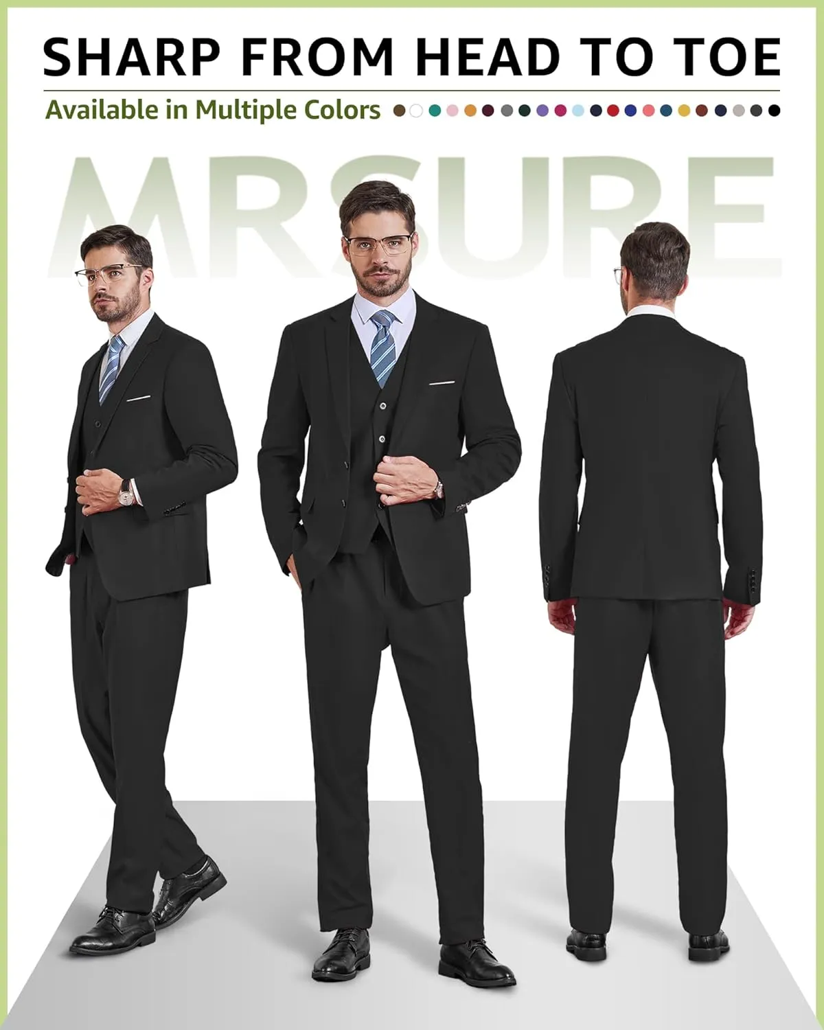 MrSure Mens 3 Piece Suit Blazer, Slim Fit Tux with 2 Button, Jacket Vest Pants & Tie Set for Party, Wedding and Business