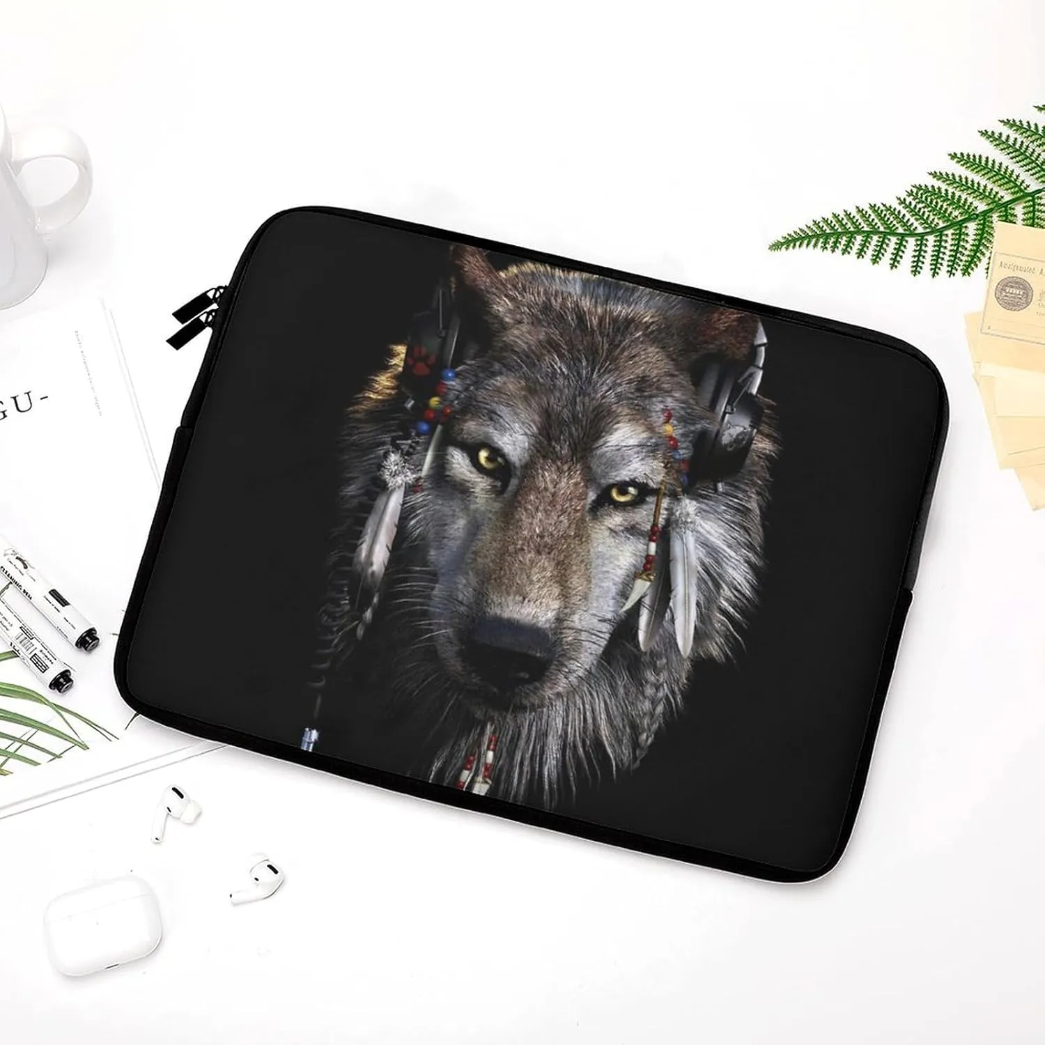Native USA Wolf Earphone Personalized Laptop Bag Business Casual Laptop Case Slim Computer Bag Briefcase