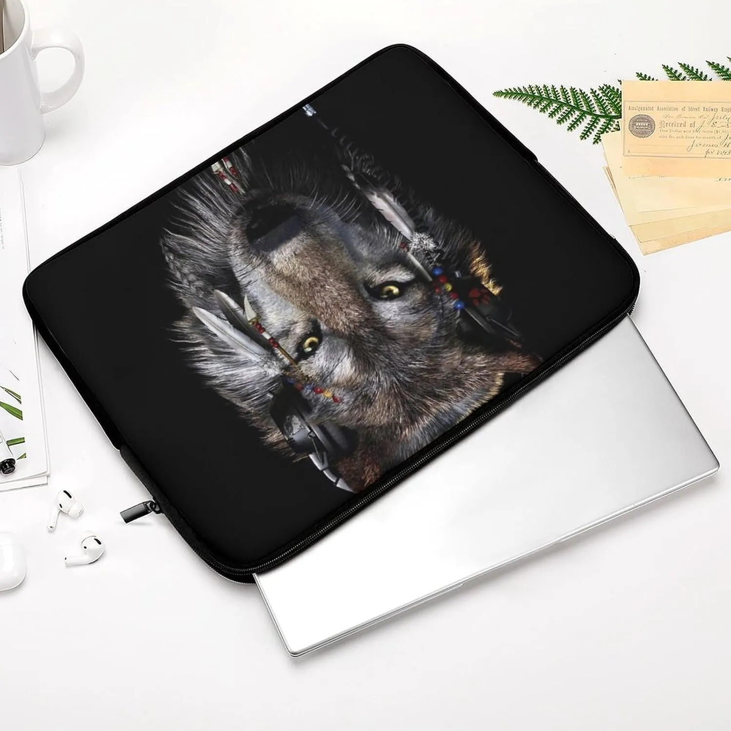 Native USA Wolf Earphone Personalized Laptop Bag Business Casual Laptop Case Slim Computer Bag Briefcase