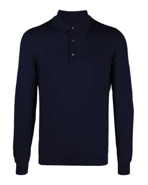 Navy Wool Fine Knit Long Sleeve Polo