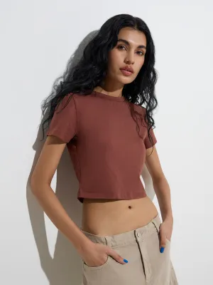 Nuon Brown Solid Cotton-Blend Crop Top