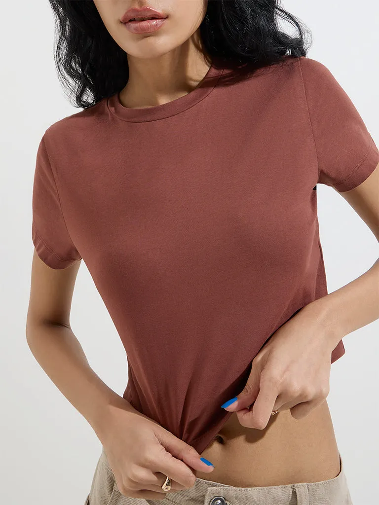 Nuon Brown Solid Cotton-Blend Crop Top