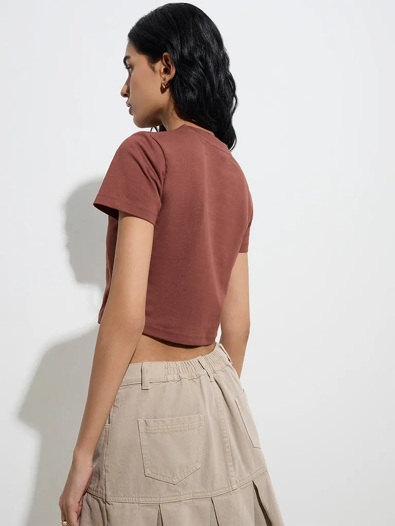 Nuon Brown Solid Cotton-Blend Crop Top