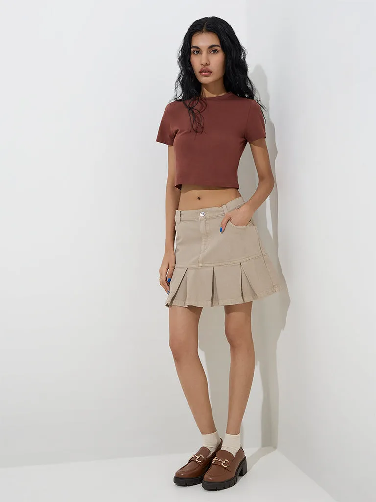 Nuon Brown Solid Cotton-Blend Crop Top