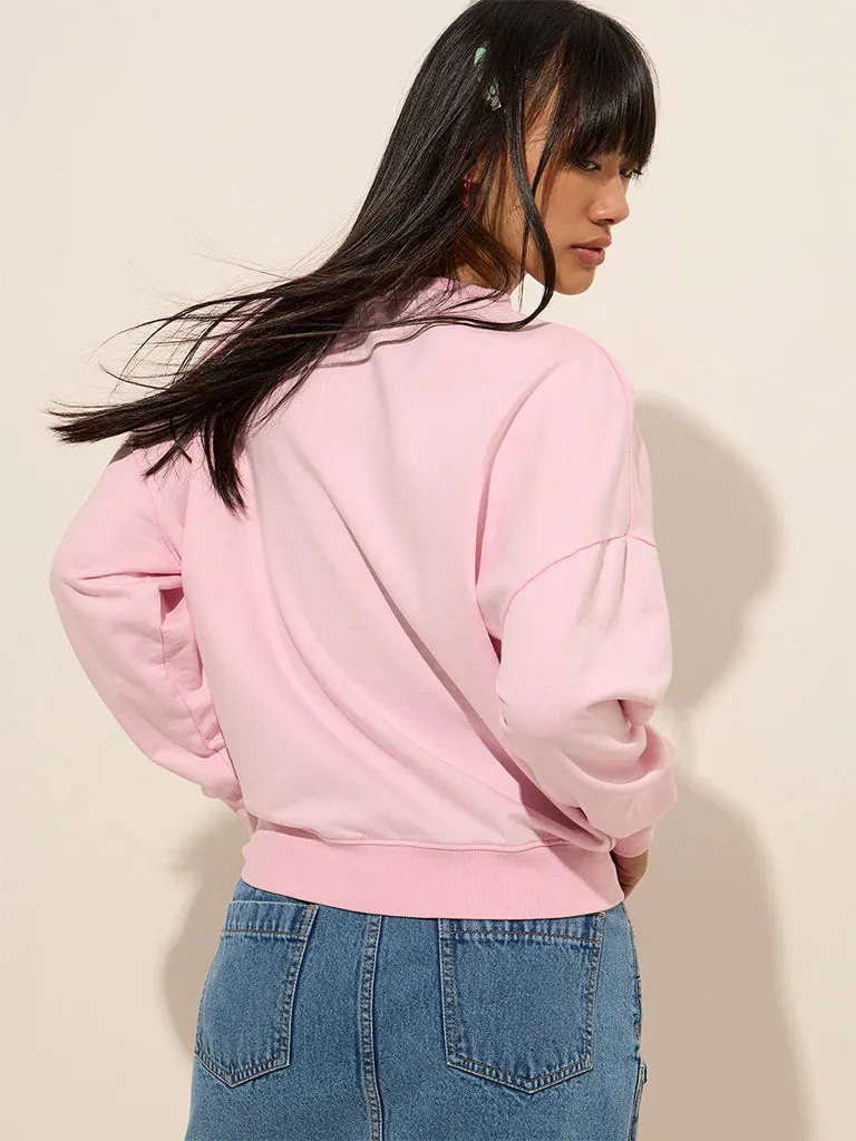 Nuon Pink Text Print Cotton Sweatshirt