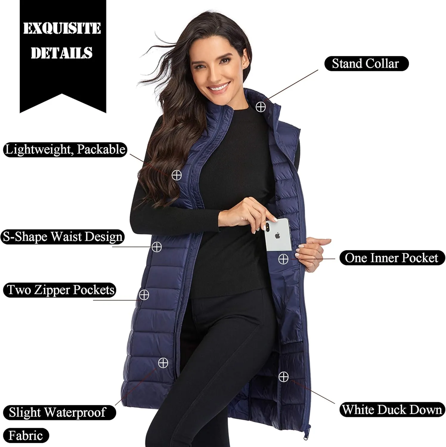 Obosoyo Women's Ultra Light Long Down Vest Winter Packable Down Jacket Lightweight Outdoor Puffer Vest Coat