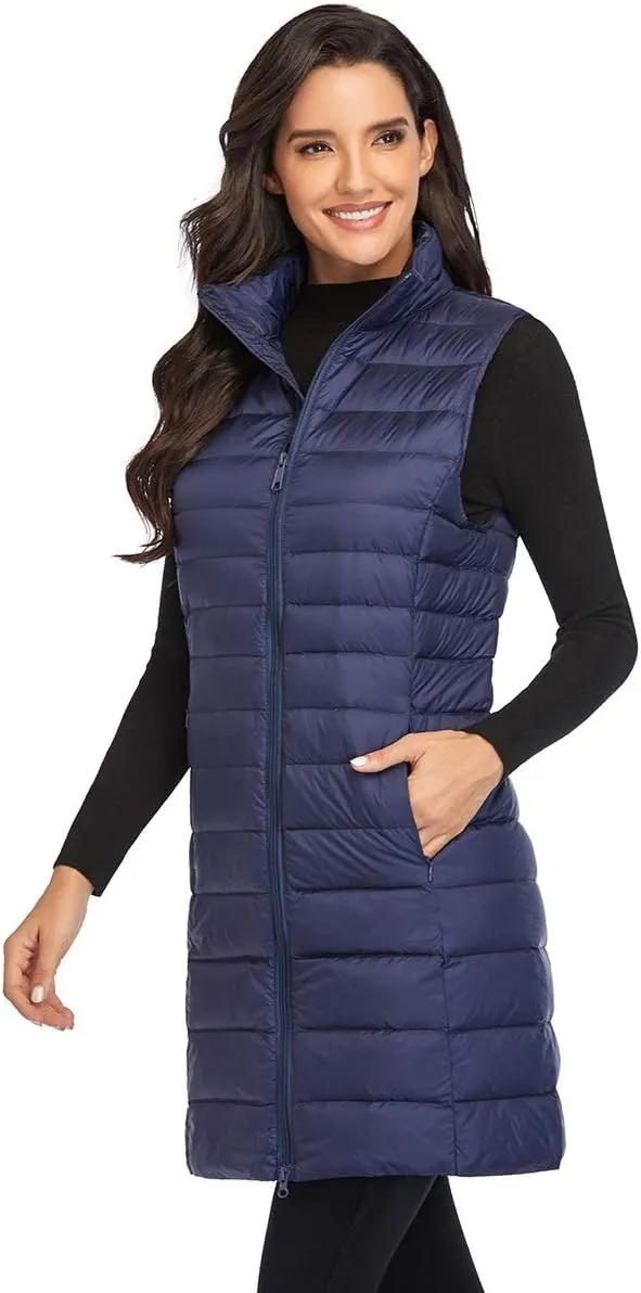 Obosoyo Women's Ultra Light Long Down Vest Winter Packable Down Jacket Lightweight Outdoor Puffer Vest Coat