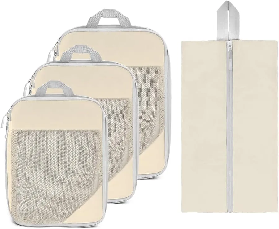 packing cubes Compressed, durable, and ultra light packing cubes for travel Waterproof, large capacity compression packing cubes Home Travel (4pieces beige white)