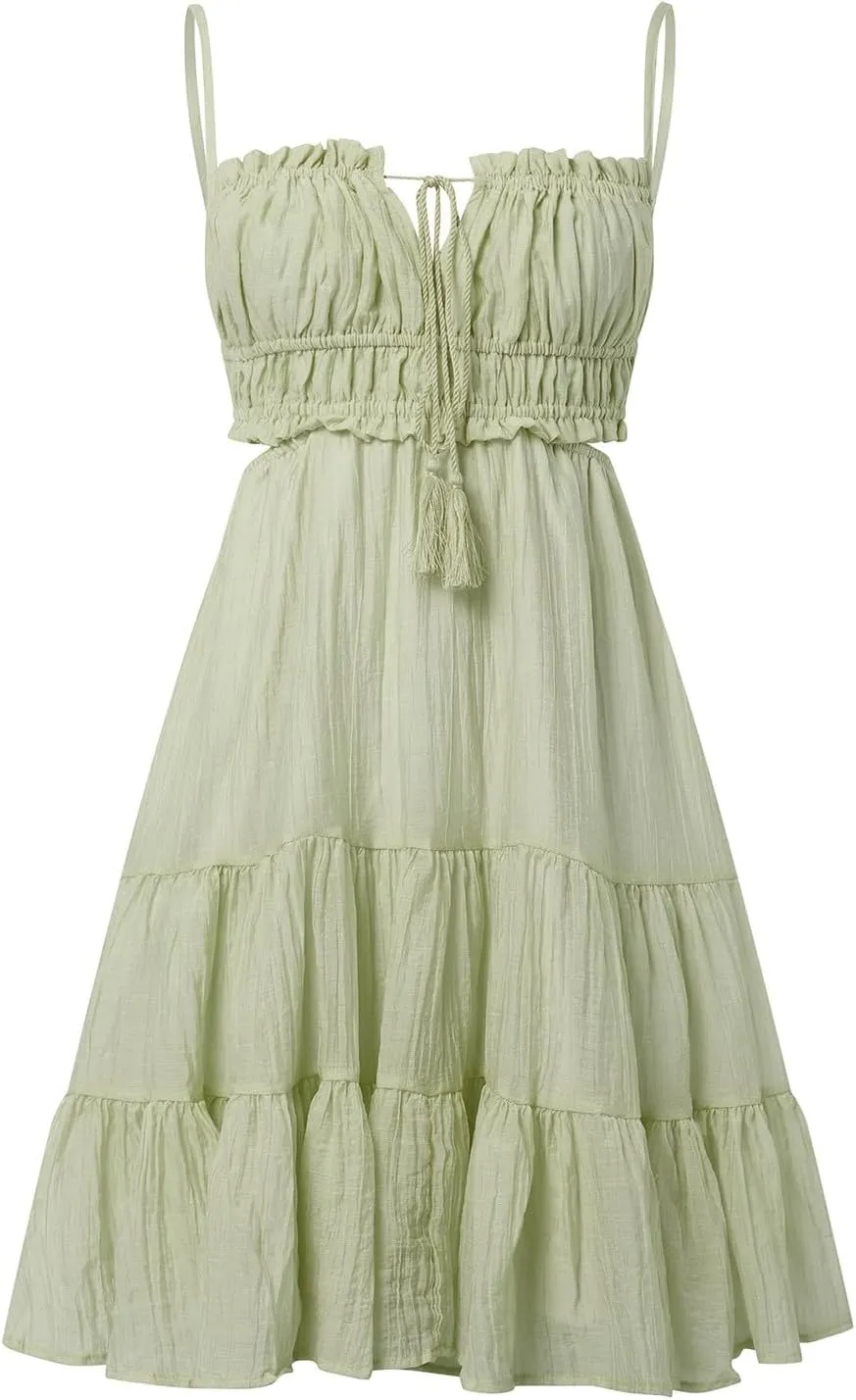 Party Dresses for Women Spaghetti Strap Short Beach Vacation Dress Sleeveless Ruffle Tiered Flowy A Line Mini Sundress