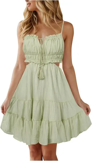 Party Dresses for Women Spaghetti Strap Short Beach Vacation Dress Sleeveless Ruffle Tiered Flowy A Line Mini Sundress