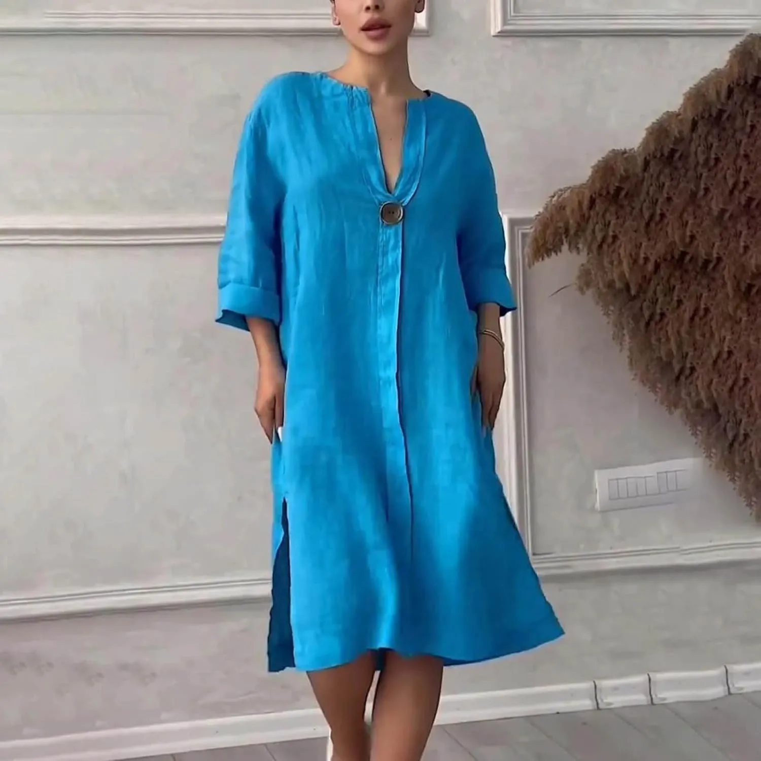 Plus Size Dresses for Curvy Women Casual V Neck 3/4 Sleeve Midi Dress Loose Fit Side Slit T-Shirt Dress with Buttons