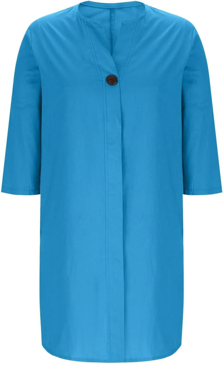 Plus Size Dresses for Curvy Women Casual V Neck 3/4 Sleeve Midi Dress Loose Fit Side Slit T-Shirt Dress with Buttons