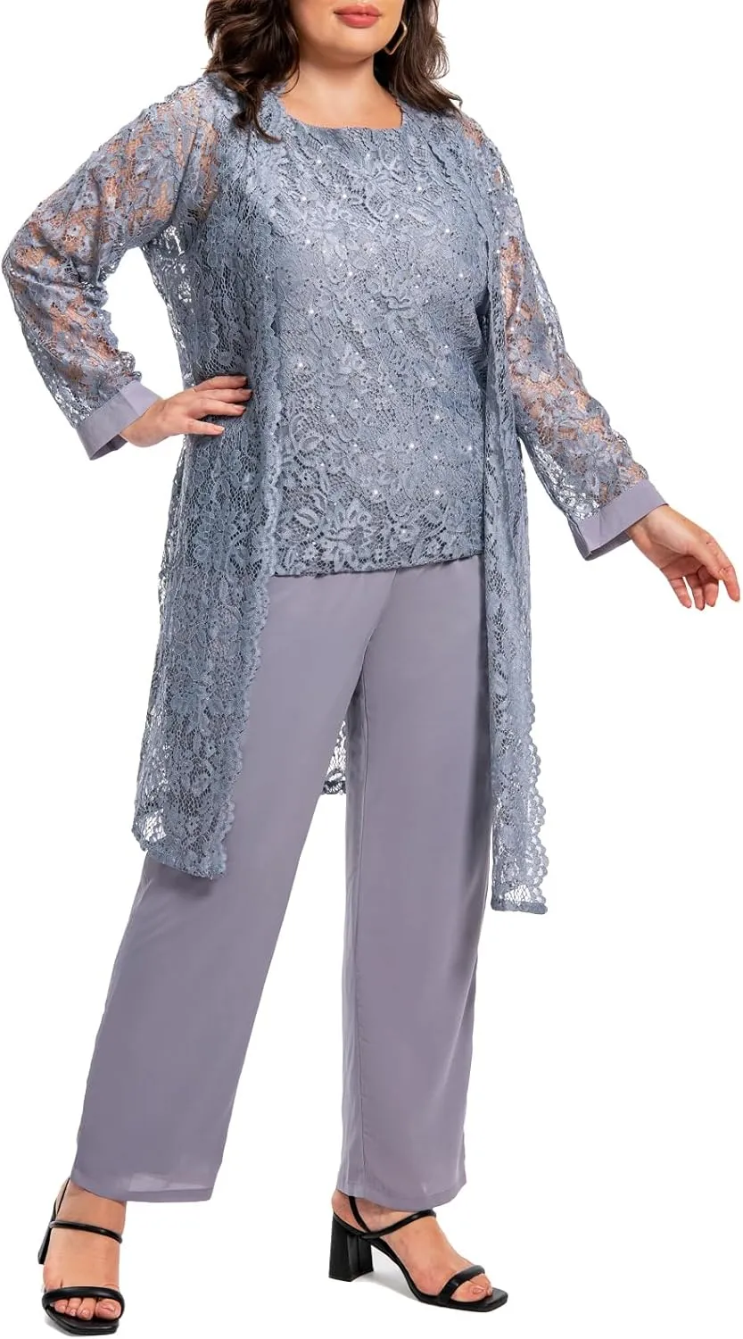 Plus Size Elegant Mother of The Bride Pant Suits Chiffon Pant with Women's Tank Top and Sequin Lace Jacket Evening Gown